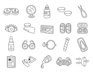 Contact lens care set in outline line art featuring eye health tool container solution mirror glasses vision correction hygiene essential