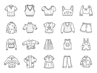 Wardrobe clothes set in outline line art featuring shirts sweaters jackets skirts dresses shorts jeans overalls kids fashion apparel outfit wear