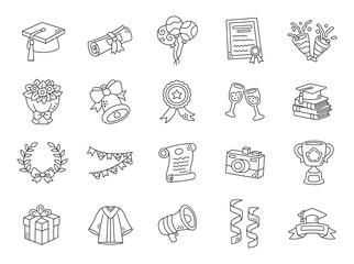 Graduation ceremony set in outline line art showcasing academic achievement celebration diploma awards tradition success milestone education symbols events recognition learning