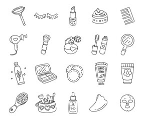 Women cosmetic set in outline line art beauty care showing makeup skincare hair accessories daily routine items practices designed for personal grooming