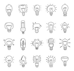 Light bulb set in outline line art showing electric lamp ideas illumination creativity energy and different lighting shapes perfect for your designs projects