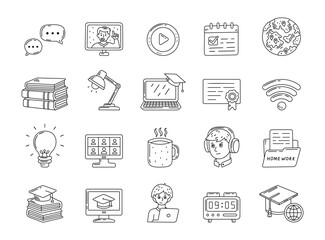 Online education set in outline line art featuring e learning study communication technology knowledge remote school tools lessons planning certification student