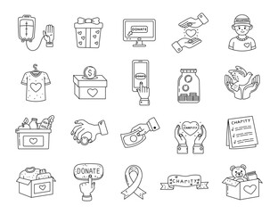 Charity support donation set in outline line art featuring blood gift volunteers funds food clothes toys online help ribbon checklist banner