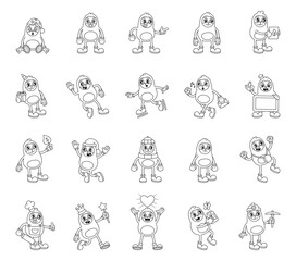 Sloth groovy character set showing cute animals wearing different hats while holding various objects for happy and funny cartoon scenes, and for your designs projects