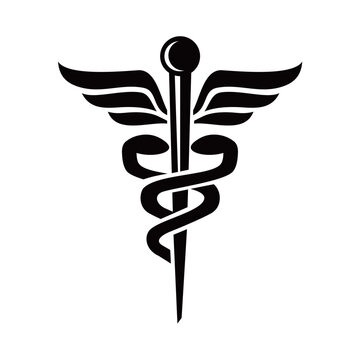 Classic caduceus logo vector featuring a winged staff with two intertwined snakes, symbolizing medicine, healthcare, and medical services, isolated on white background.