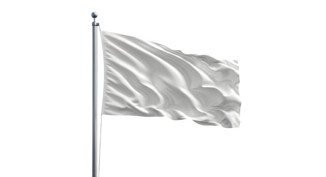 Waving white flag on silver pole with finial symbolizing surrender or peace against plain background