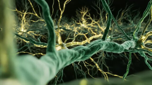 Cinematic 3D animation footage showing active neurons transmitting electrical signals through a complex neural network in the human brain.