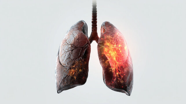Lung disease. The image shows the lungs of a person with inflammation. They have a reddish tinge and look inflamed. The background of the image is light.