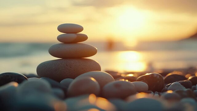 This captures a serene moment at sunset with a carefully balanced stack of stones on a beach. The warm hues from the setting sun contrast beautifully against the cool tones of the stones