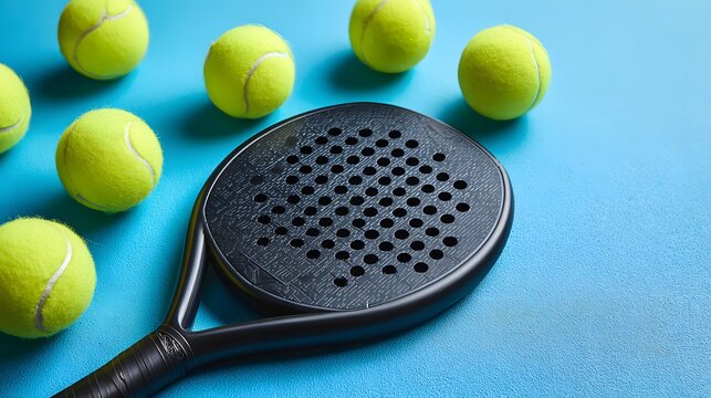 Professional padel racket with tennis balls arranged on bright blue background, clean sport flat lay with modern minimalist style
