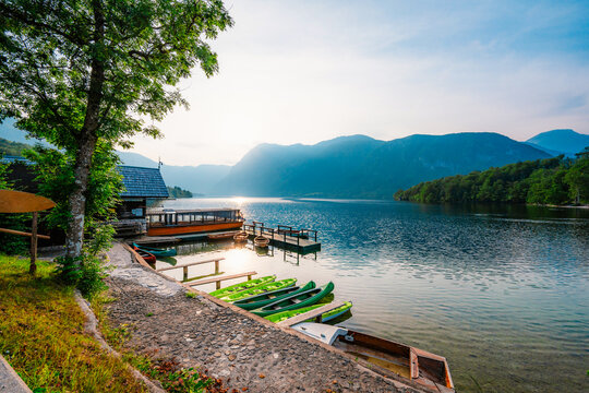 Bohinj lake in Julian Alps. Bohinj Lake, Church of St John the Baptist in Triglav National Park, Julian Alps, Slovenia