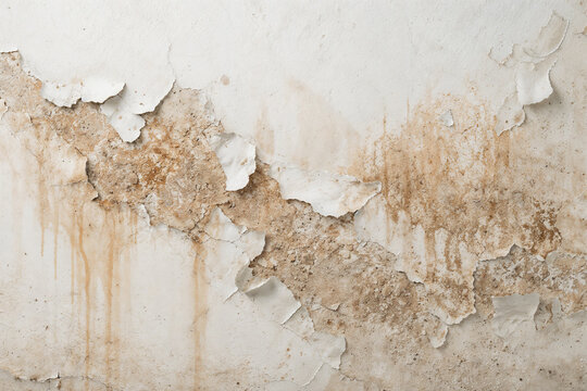 Close-up of a damaged white wall with peeling paint and brown water stains