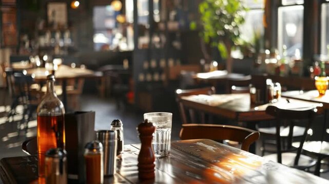 Modern bar and grill with wooden tables and chairs