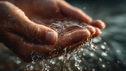 Fototapeta premium Close-up of two hands gently holding water as a symbol of life and purity