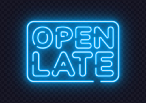 Neon open late sign glowing on dark background with frame. Night service concept perfect for shops, cafes, or business schedules.