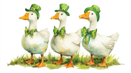 Obraz premium Watercolor drawing of three white geese in the style of Patrick Day day. Goose and decorated with clover leaves.