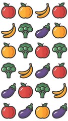 Fototapeta premium Set of vector icons and illustrations of fresh fruits, vegetables, healthy food items, flat design, bright colors, simple line art, suitable for web, app or menu design