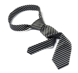 One stylish striped tie isolated on white, above view