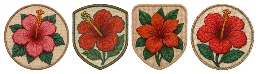 Fototapeta premium PNG Colorful embroidered hibiscus patches on transparent background