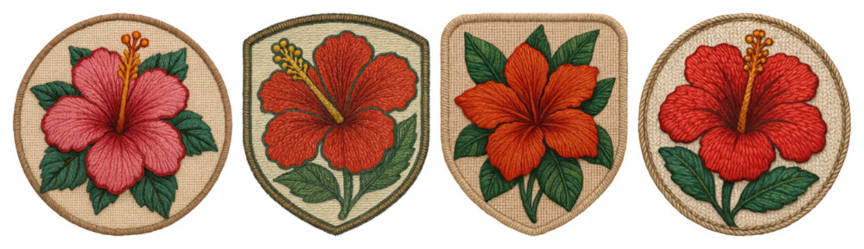 PNG Colorful embroidered hibiscus patches on transparent background