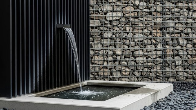 Water feature with modern waterfall flowing into square pond. Gabion wall with natural stones and black pebbles garden design.