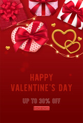 Naklejka premium Romantic red background with wrapped gift boxes, glowing string lights and golden heart shapes. Festive Valentine Day design with copy space for greeting cards, banners and promotions.