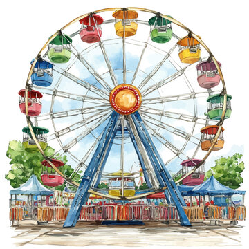 watercolor of Summer Fair Ferris Wheel, isolated on a white background.
