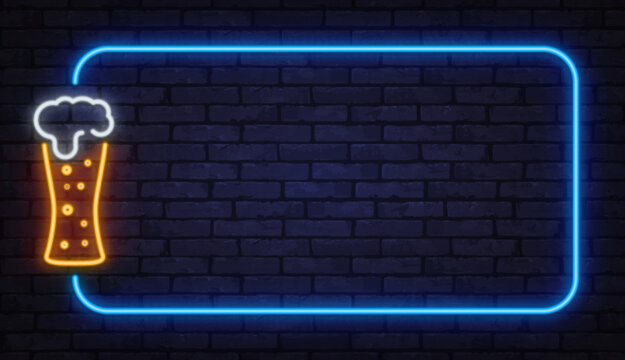 Neon beer glass with foam inside glowing frame on brick wall. Nightlife concept suitable for bars, pubs, menus, or festival promotions.