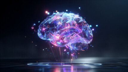 A luminous, futuristic digital brain floating in a dark, cinematic space, composed of glowing neon colors&mdash;pink, blue, purple, and cyan. The brain is semi-transparent with intricate circuitry