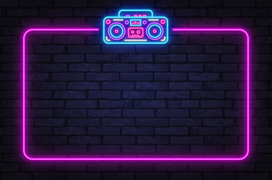 Neon frame with retro boombox glowing on brick wall. Music themed background perfect for party posters, event banners, or creative layouts.