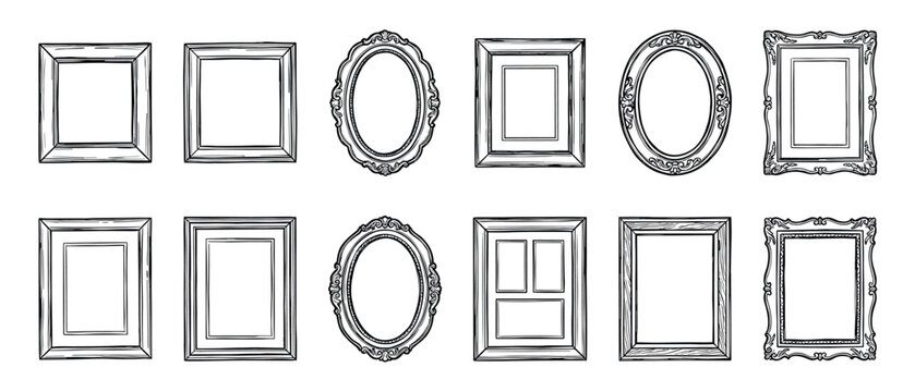 Collection of twelve hand-drawn picture frames in various styles, including simple square, ornate oval, and vintage baroque designs, presented as a black and white sketch illustration set