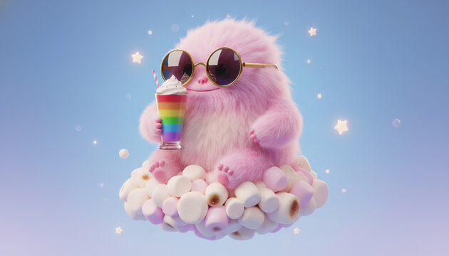 Cute fluffy pink monster wearing sunglasses drinking rainbow smoothie on cloud. 3D render