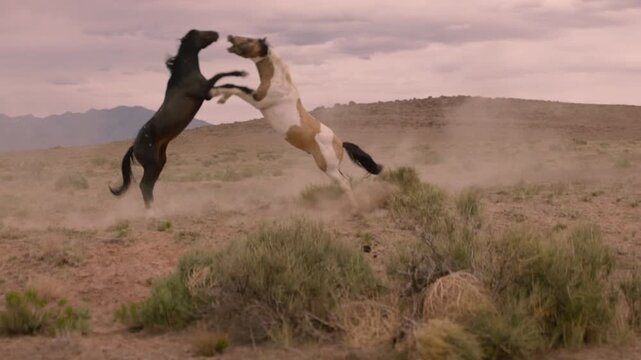 Two horses engage in a fight while kicking up dust in the desert. This occurs in an open area with sparse plants during the late afternoon on a cloudy day.