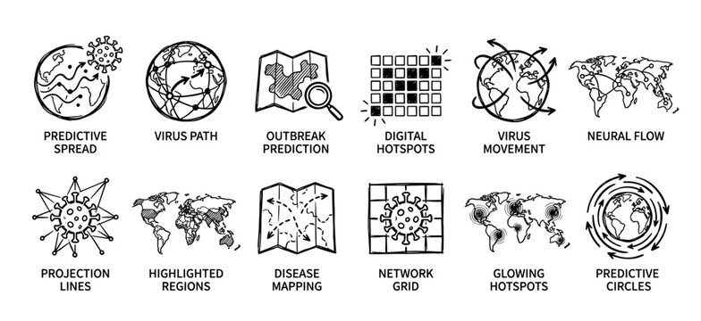Black and white doodle icon collection illustrating pandemic tracking concepts like predictive spread, outbreak prediction, disease mapping, and global virus movement