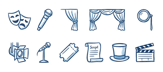 Obraz premium Set of hand-drawn theater and cinema icons including masks, a microphone, curtains, a script, and a clapperboard in a blue doodle sketch style illustration