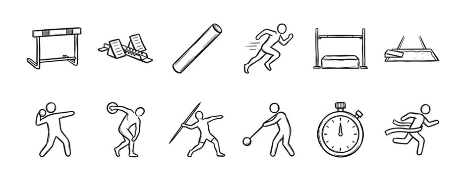 Collection of hand-drawn track and field icons representing various athletic disciplines like running, jumping, and throwing in a simple black and white doodle style illustration set
