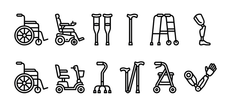 Mobility aid and prosthetic device icons featuring a wheelchair, crutches, walker, cane, and artificial limbs in a simple black and white line art vector illustration set