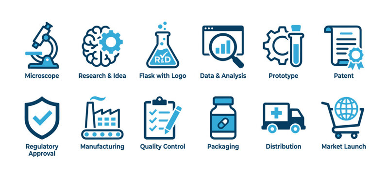 Blue icon set for pharmaceutical development illustrating the process from research and manufacturing to market launch and distribution, presented as a flat vector graphic infographic