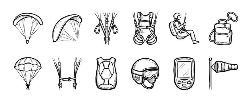 Hand drawn paragliding and skydiving equipment icons showing a parachute, harness, helmet, and variometer in a black and white sketch style for extreme sports concepts
