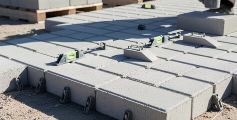 Paving an outdoor walkway with concrete blocks, using measuring tools to ensure levelness.