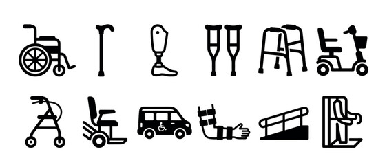 Fototapeta premium Set of black vector icons representing mobility aids and disability equipment, featuring a wheelchair, walker, crutches, prosthetic leg, and stairlift