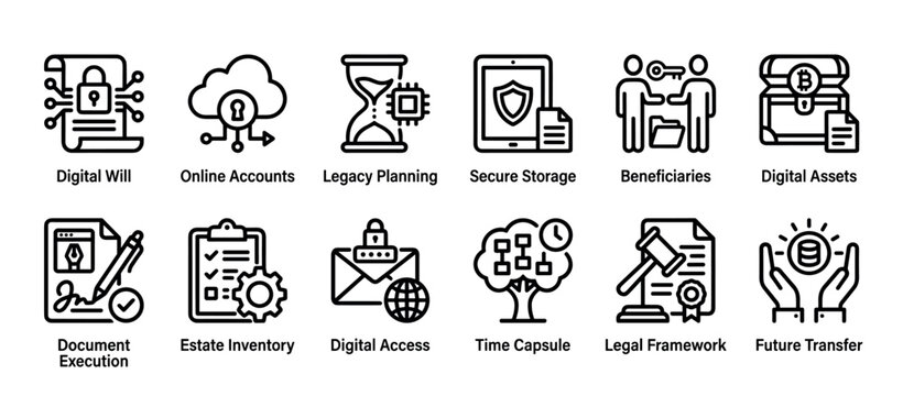 Digital legacy and estate planning line icons showing concepts like digital will, online accounts, secure storage, and future transfer in a minimalist vector style infographic set