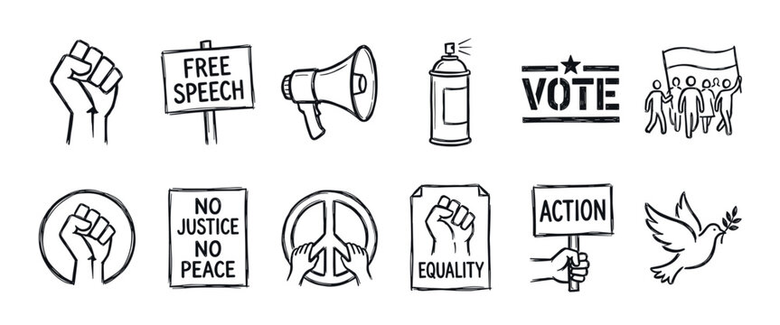 Collection of hand-drawn protest icons representing activism, social justice, and human rights, including a raised fist, peace sign, vote text, and megaphone in a sketchy doodle style