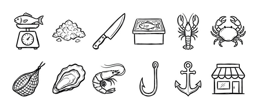 Hand drawn seafood and fishing icon set featuring a fish on a scale, crab, lobster, shrimp, oyster, and market elements in a simple black and white doodle sketch style