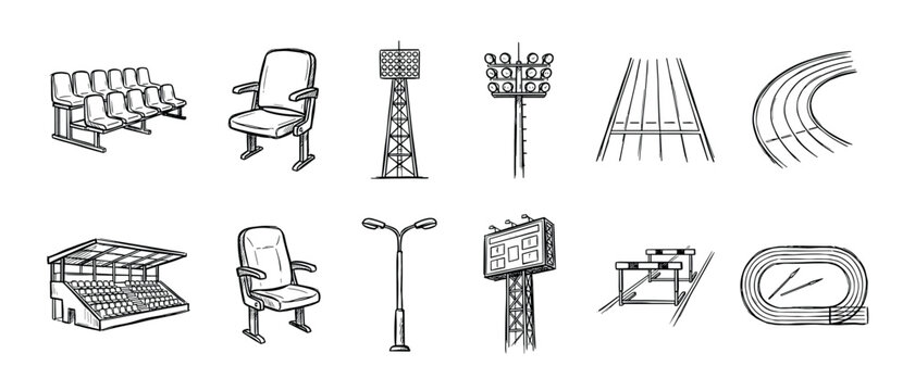 Set of hand-drawn stadium equipment icons including seats, floodlights, running track, scoreboard, and hurdles in a black and white doodle style for sports and athletics concepts