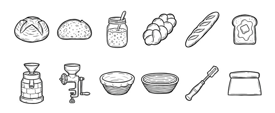 Set of twelve bread baking illustrations in a black line art style featuring a sourdough loaf, baguette, challah, grain mill, banneton basket, and a dough scraper