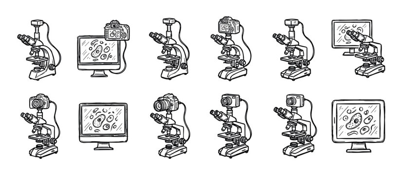 Sketched scientific microscopes and computer monitors showing biological cells and bacteria in a repeating pattern, a hand-drawn black and white line art illustration