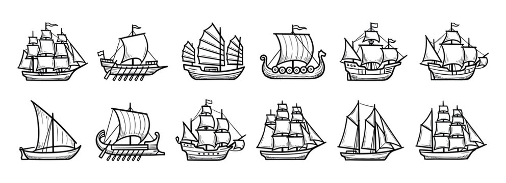 Collection of twelve historical ships and boats in a hand-drawn black and white sketch style, featuring various vessels like galleons, Viking longships, and Chinese junks
