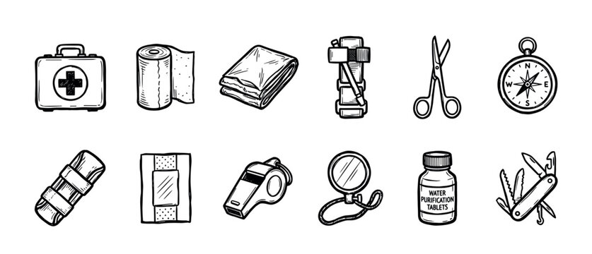 Hand-drawn survival and emergency preparedness icons featuring a first aid kit, compass, tourniquet, bandage, and multi-tool knife in a simple black and white doodle illustration set