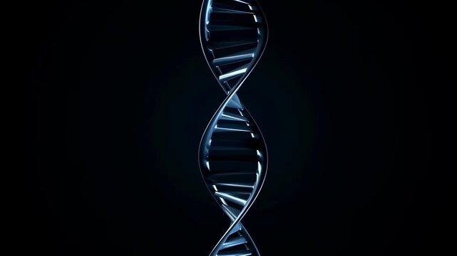 Rotating DNA double helix on a dark background. Represents the foundation of life, genetics, and biological research